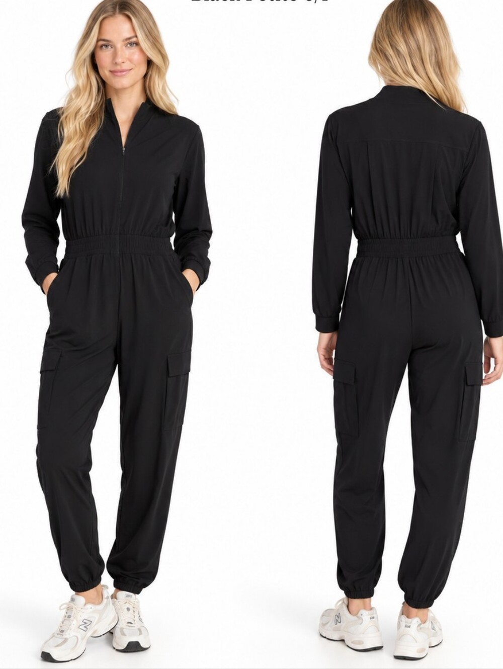 Athleta Brooklyn Long Sleeve Jumpsuit Womens Black Petite 6/P Utility Athleisure